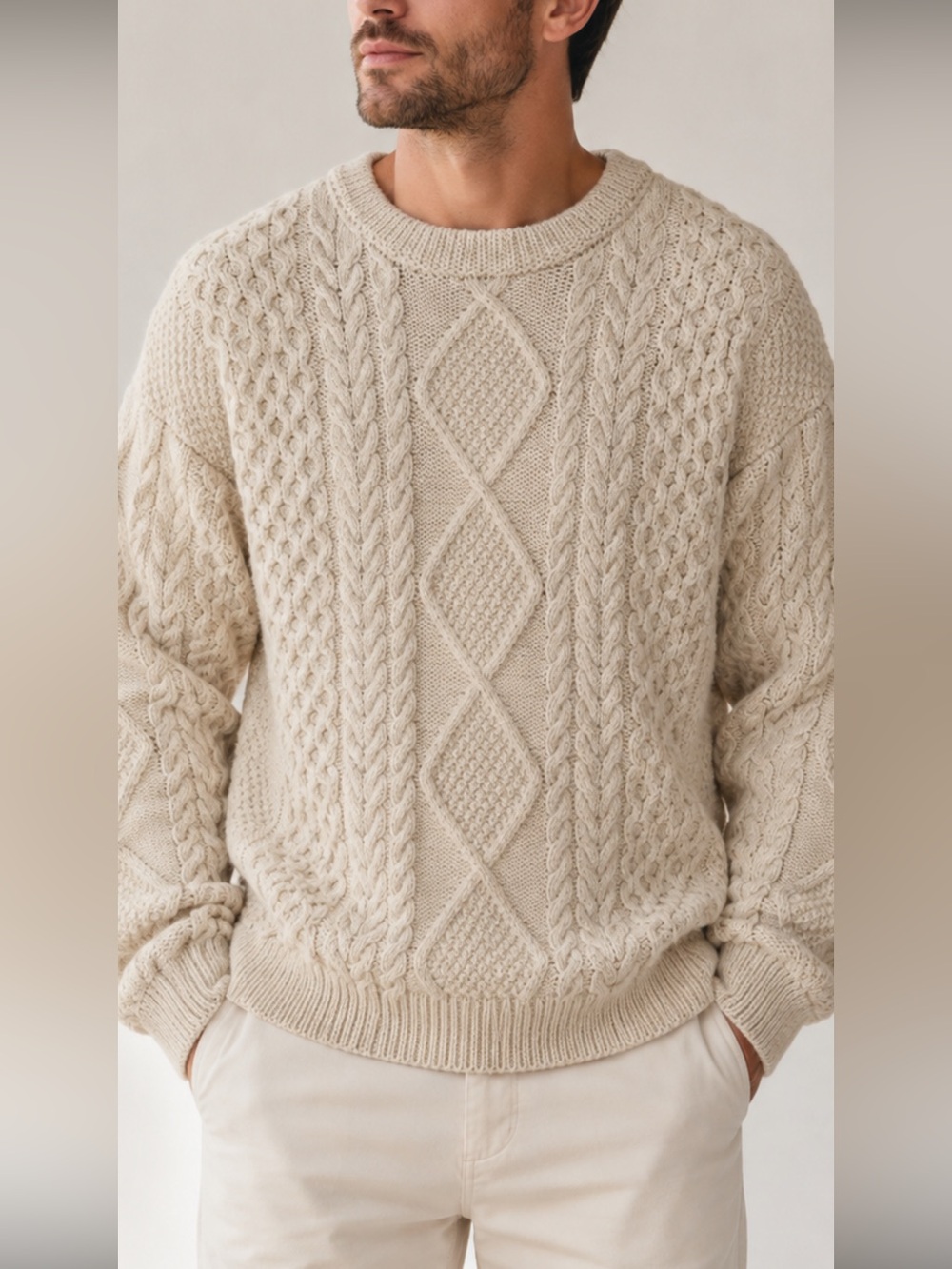 Hunt Club Men’s M 100% Wool Cable Knit Fisherman Sweater Cream Ivory Vintage